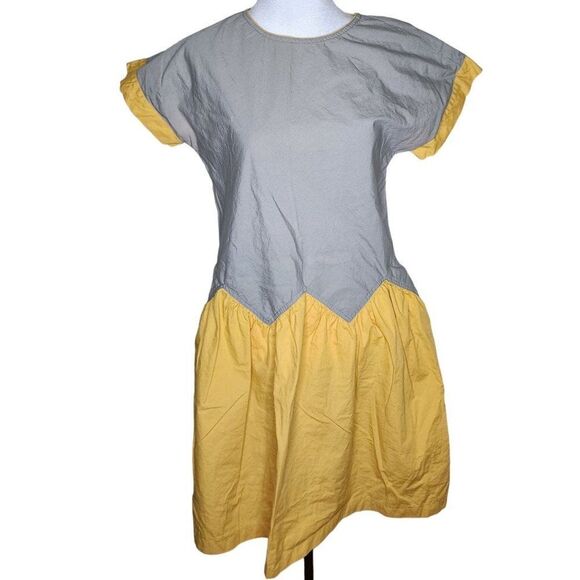 Vintage 80s Gerard Darel Drop Waist Dress Womens Size S Yellow Gray Pockets - Picture 1 of 9